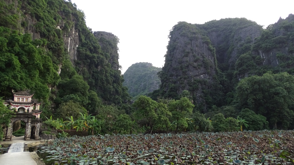 A  path through the lake full of lotus flowers and a gate to Bich Dong Pagoda set among high vertical limestone rocks in Tam Coc