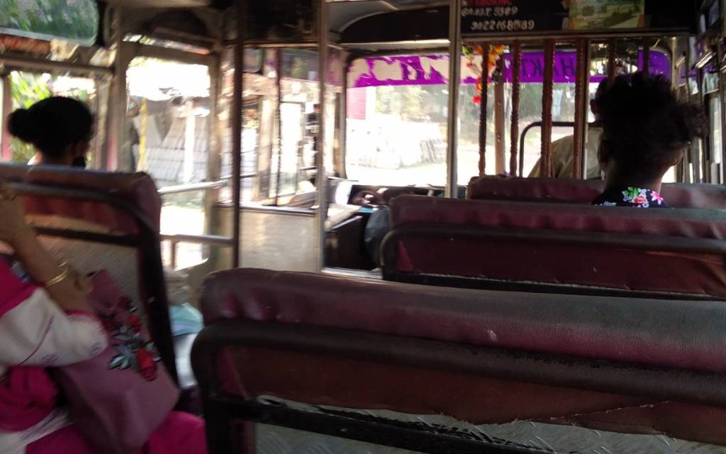 A dilapidated interior of a private bus in Goa